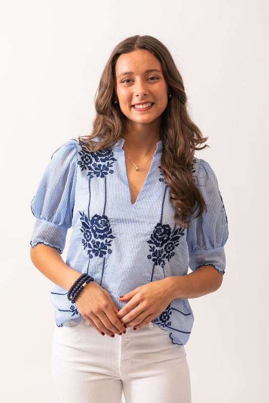 Blue Flower Embroidered Top
