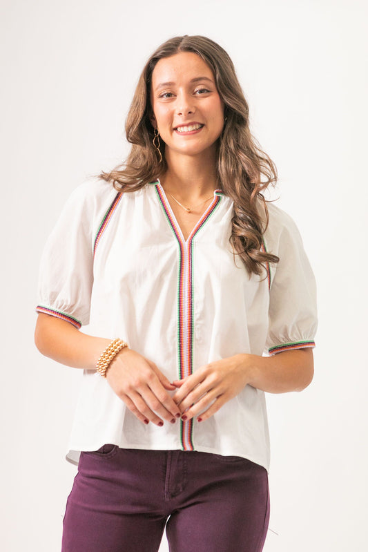 White Contrast Stitch Puff Sleeve
