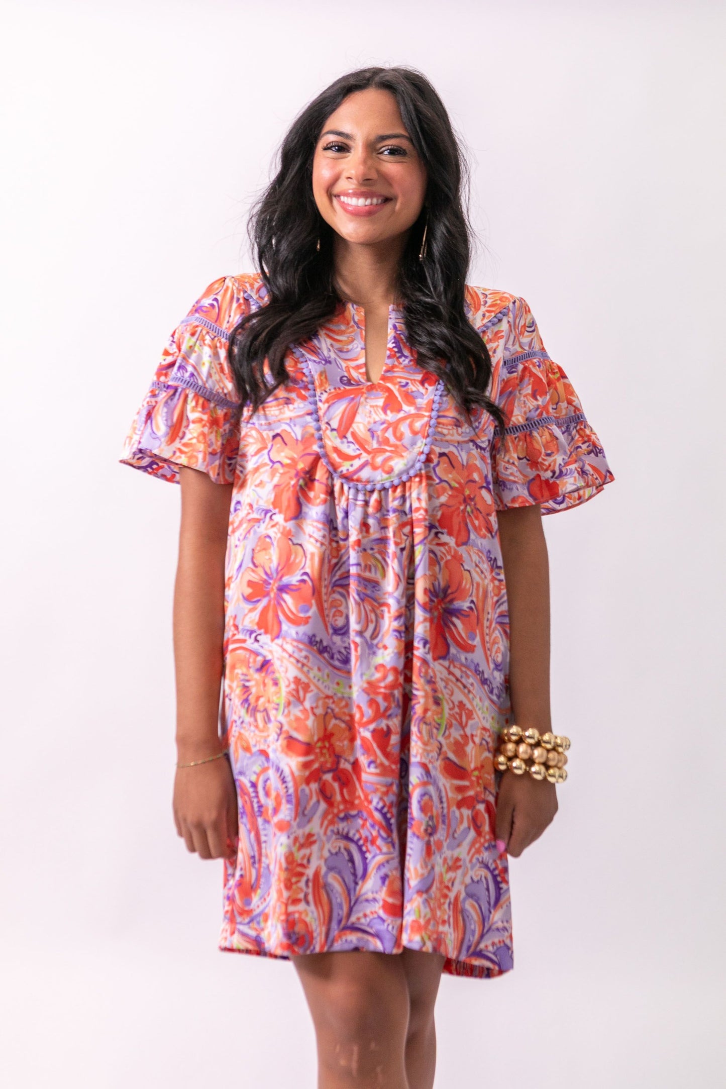 Orange Purple Print Flare Sleeve Dress
