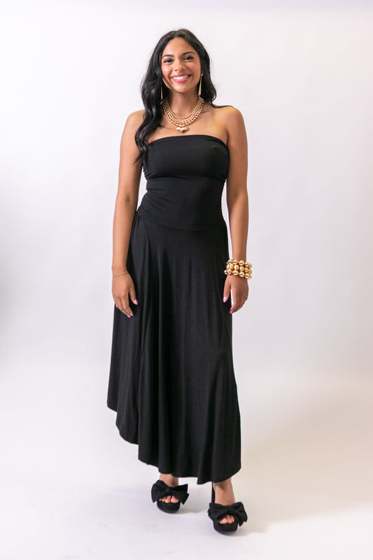 Black Strapless Shirred Dress
