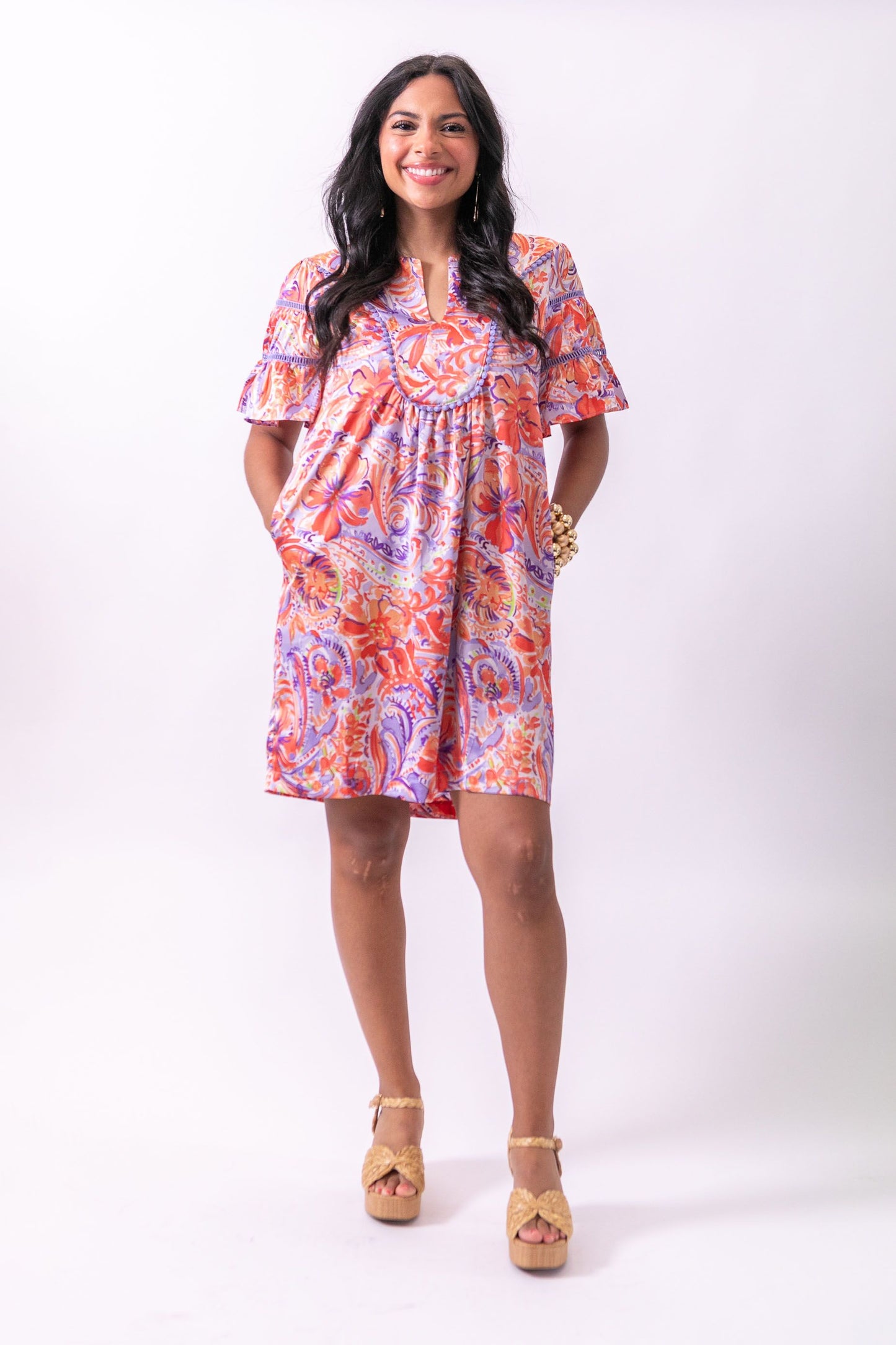 Orange Purple Print Flare Sleeve Dress
