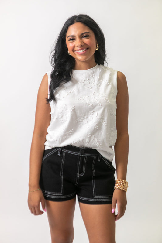 White Sleeveless Crew w/Embroidery