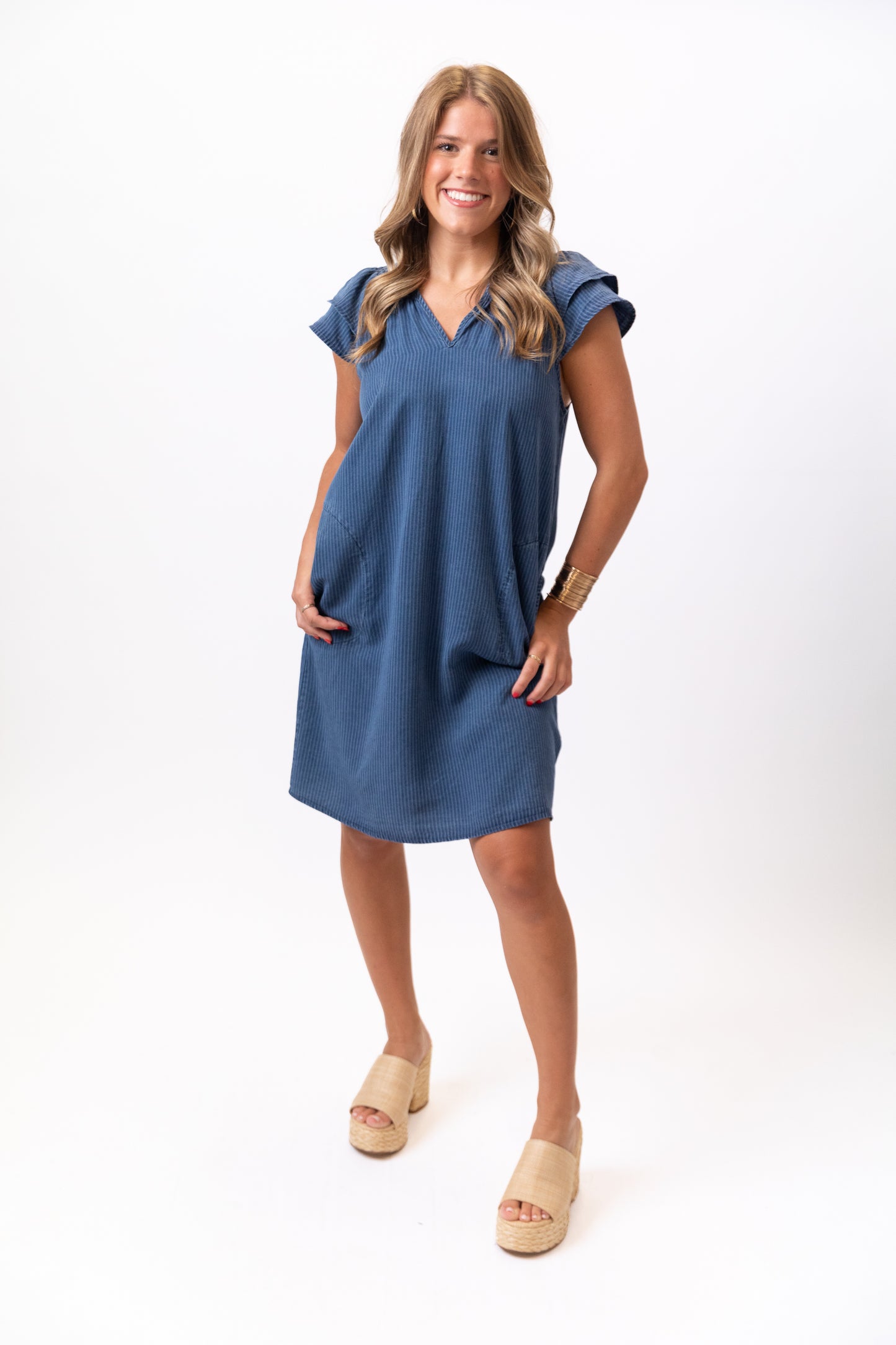 Indigo Pinstripe Cap Sleeve Dress