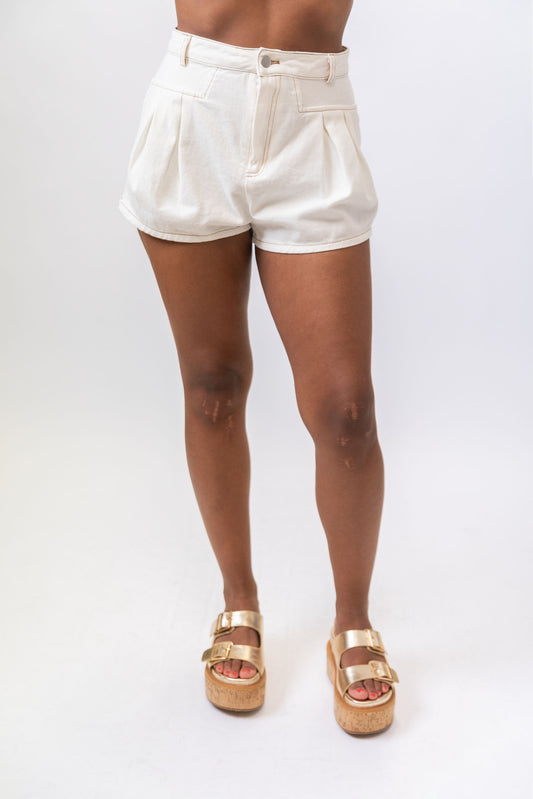 White Pleat Fit Flare Denim Short