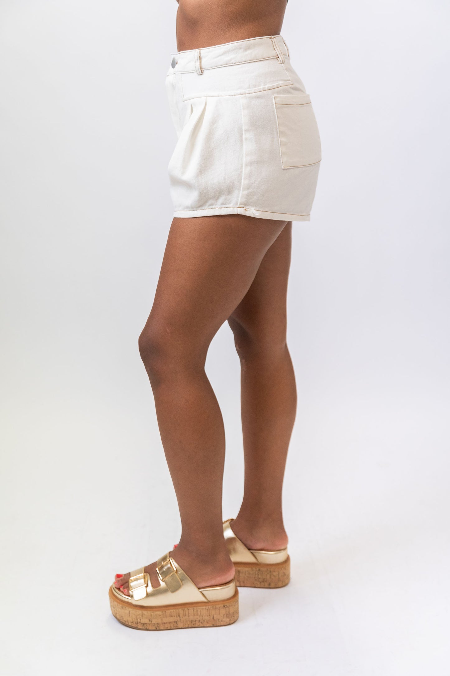 White Pleat Fit Flare Denim Short