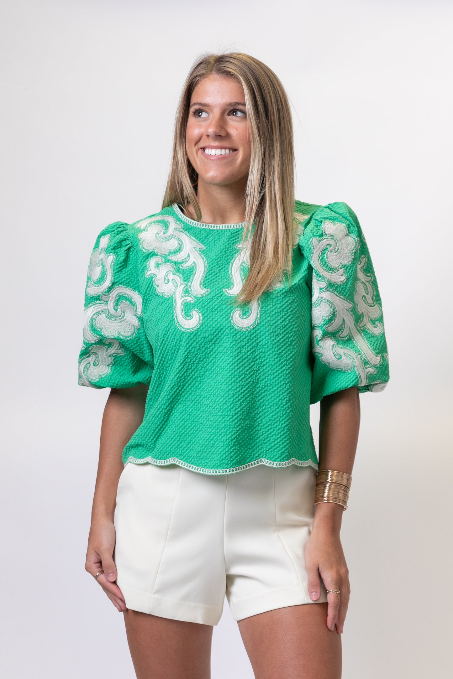 Green Embroidered Puff Sleeve