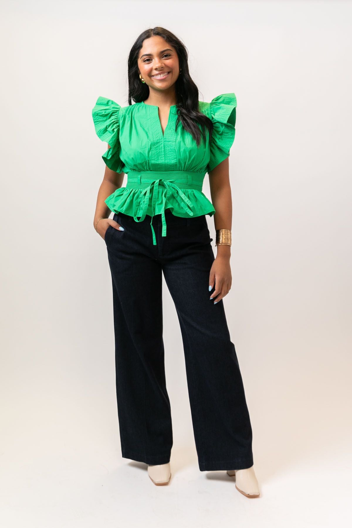 Emerald Flutter Sleeve Peplum